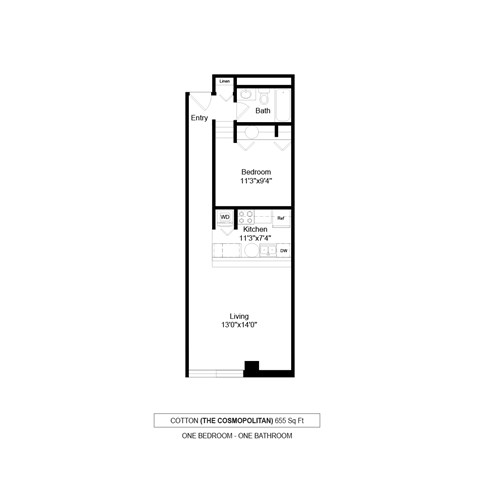 Floor plan for 1 bed, 1 bath, 655 sqft